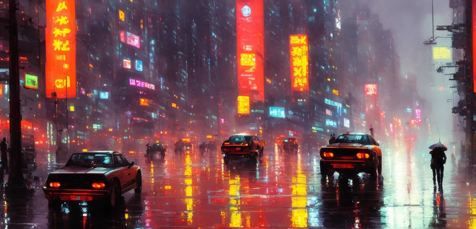 Een door AI gegenereerde afbeelding met de prompt 'rainy neon cyberpunk mega city, scyscraper, cars, people'